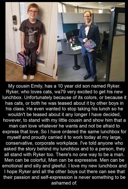 photo caption - My cousin Emily, has a 10 year old son named Ryker. Ryker, who loves cats, wa79 very excited to get his new lunchbox. Unfortunately because of its colors, or because it has cats, or both he was teased about it by other boys in his class. H