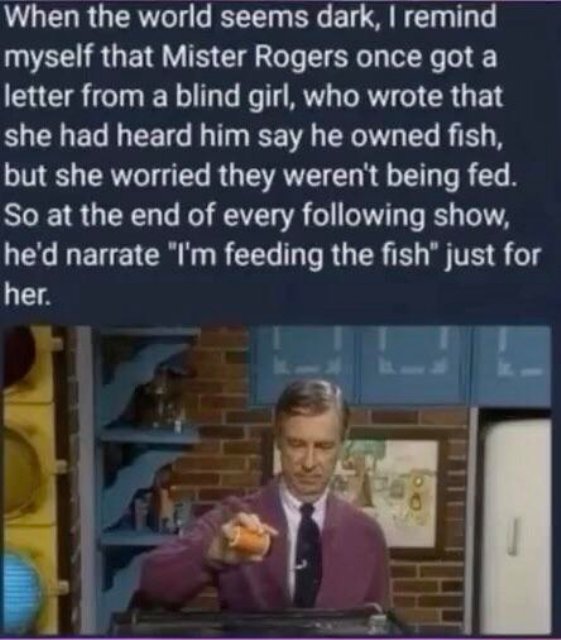 mr rogers feeding fish - When the world seems dark, I remind myself that Mister Rogers once got a letter from a blind girl, who wrote that she had heard him say he owned fish, but she worried they weren't being fed. So at the end of every ing show, he'd n