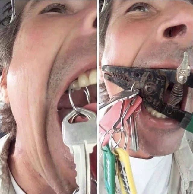 guy fitting entire wallet and pliers in his mouth