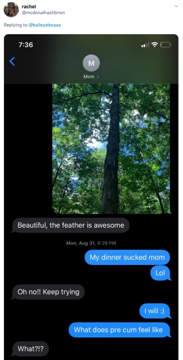 screenshot - rachel M Mom> Beautiful, the feather is awesome Mon, Aug 31, My dinner sucked mom Lol Oh no!! Keep trying I will What does pre cum feel What?!?