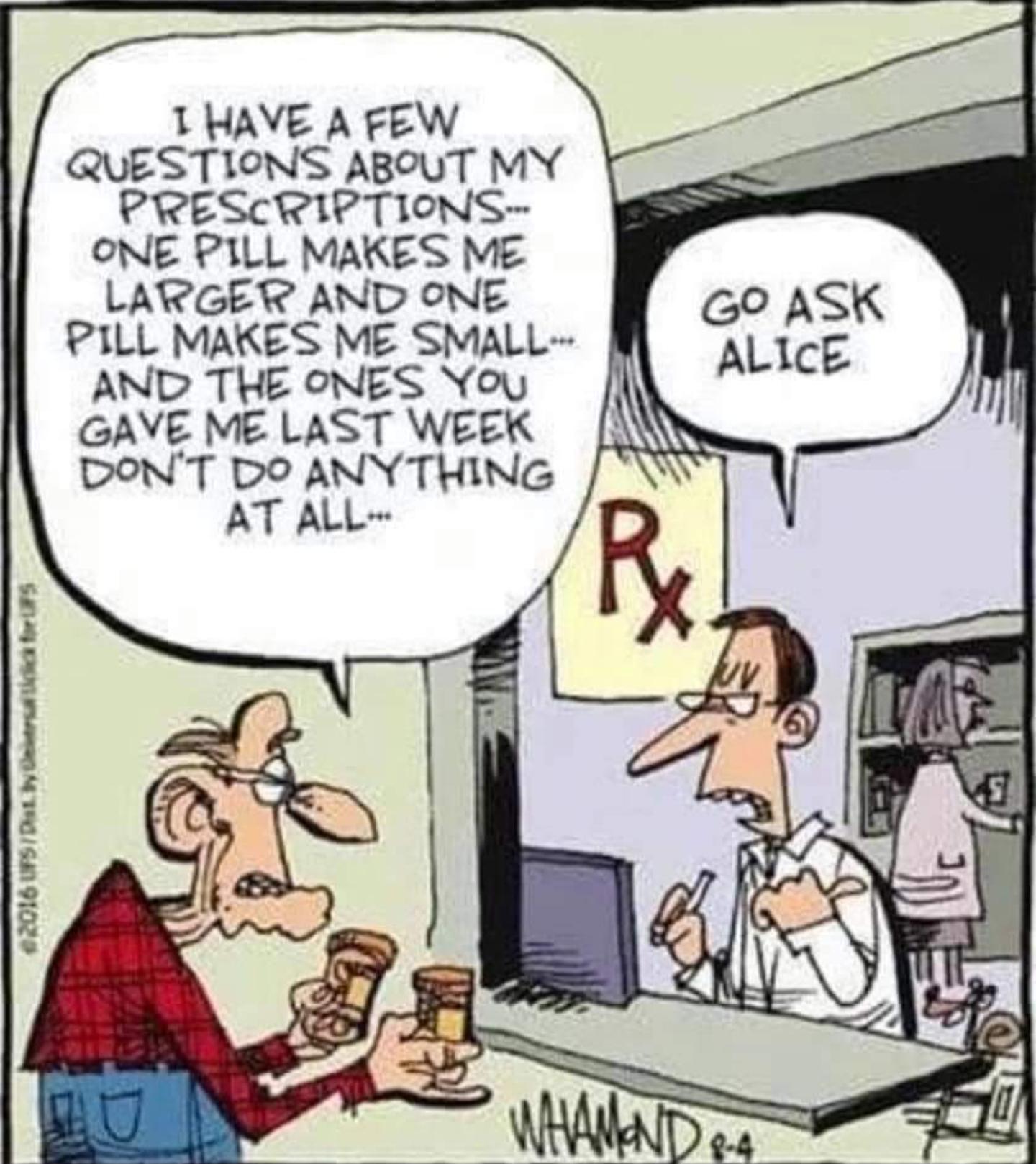 go ask alice meme - I Have A Few Questions About My Prescriptions One Pill Makes Me Larger And One Pill Makes Me Small And The Ones You Gave Me Last Week Don'T Do Anything At All Go Ask Alice R Serra Ronism 91020 D