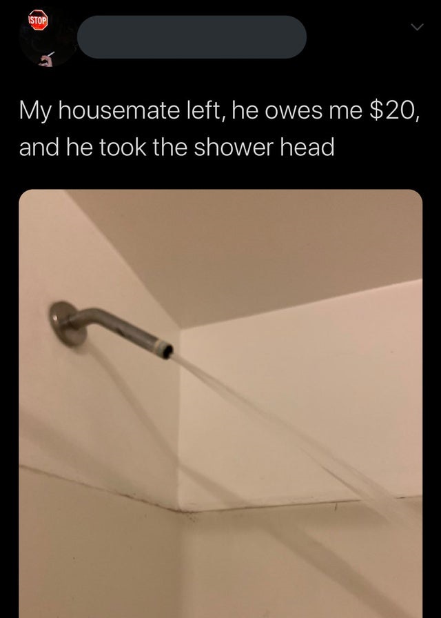 angle - Istop My housemate left, he owes me $20, and he took the shower head