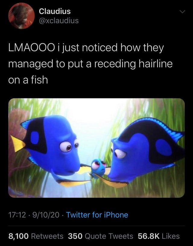 pixar receding hairline fish - Claudius Lmaooo i just noticed how they managed to put a receding hairline on a fish 91020 Twitter for iPhone 8,100 350 Quote Tweets