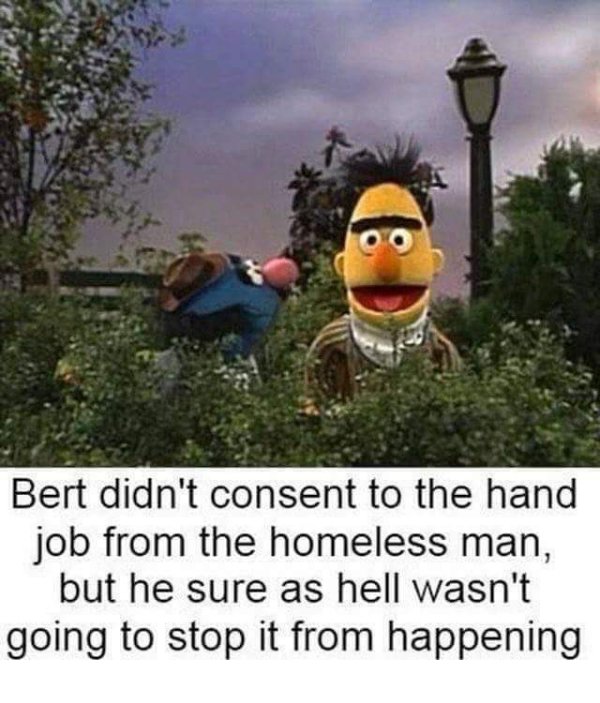 funny extreme memes - Bert didn't consent to the hand job from the homeless man, but he sure as hell wasn't going to stop it from happening