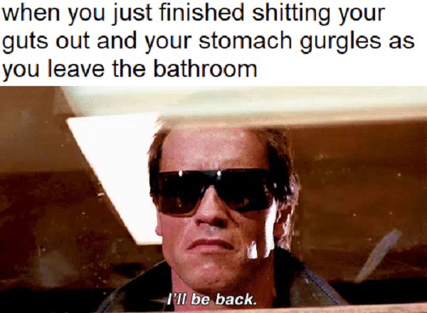 crush meme - when you just finished shitting your guts out and your stomach gurgles as you leave the bathroom I'll be back.