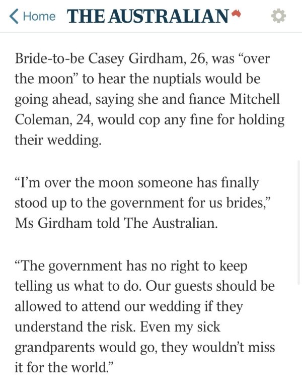 document - Home The Australian Bridetobe Casey Girdham, 26, was over the moon to hear the nuptials would be going ahead, saying she and fiance Mitchell Coleman, 24, would cop any fine for holding their wedding "I'm over the moon someone has finally stood 