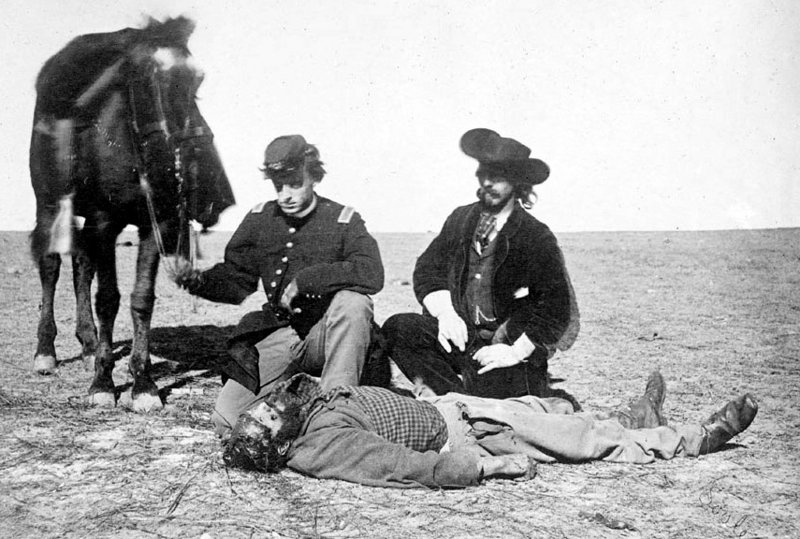 Buffalo hunter Ralph Morrison, killed and scalped by Cheyennes in December 1868 near Fort Dodge, Kansas; Lieutenant Read in Military Uniform and John O. Austin and Horse Nearby