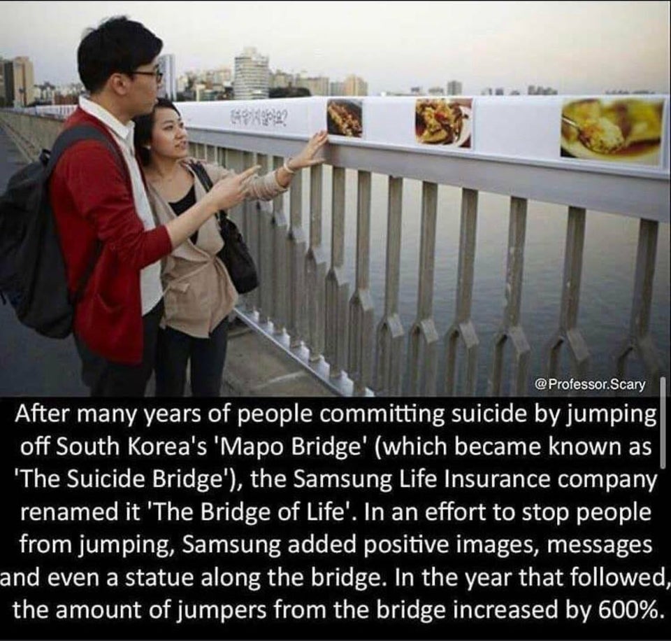 After many years of people committing suicide by jumping off South Korea's 'Mapo Bridge' which became known as 'The Suicide Bridge', the Samsung Life Insurance company renamed it 'The Bridge of Life'. In an effort to stop people from