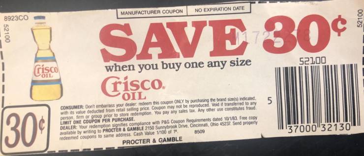 “A customer used a 37 year old crisco coupon today.”