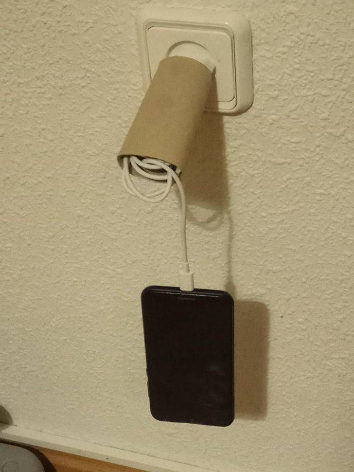 "I just found that my dad charges his mobile phone like this because the cable is a bit broken"