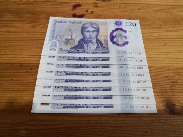 "I had to take £160 out of an ATM today, and I happened to get 8 new £20 notes with perfectly sequential serial numbers."