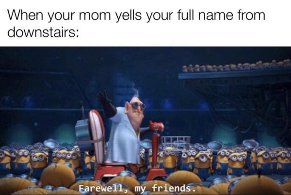 Internet meme - When your mom yells your full name from downstairs Farewell, my friends.