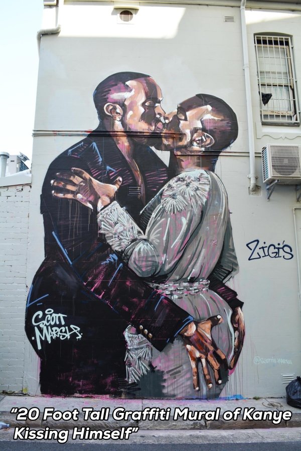 kanye west mural - 1 Zigis Ceott Mhesis e cerise 20 Foot Tall Graffiti Mural of Kanye Kissing Himself"