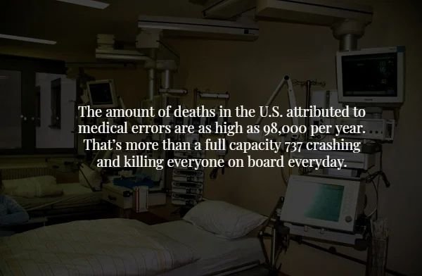 lighting - 1 The amount of deaths in the U.S. attributed to medical errors are as high as 98,000 per year. That's more than a full capacity 737 crashing and killing everyone on board everyday.