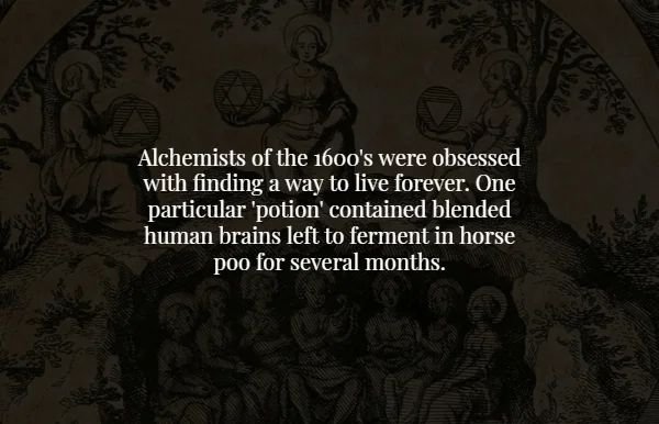 religion - be Alchemists of the 1600's were obsessed with finding a way to live forever. One particular 'potion' contained blended human brains left to ferment in horse poo for several months.