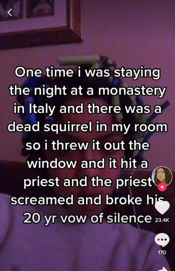 avaya flare - r One time i was staying the night at a monastery in Italy and there was a dead squirrel in my room so i threw it out the window and it hit a priest and the priest screamed and broke his 20 yr vow of silence 170