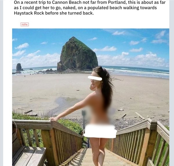 vacation - On a recent trip to Cannon Beach not far from Portland, this is about as far as I could get her to go, naked, on a populated beach walking towards Haystack Rock before she turned back. nsfw