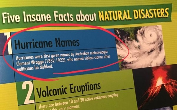 banner - Five Insane Facts about Natural Disasters Hurricane Names Hurricanes were first given names by Australian meteorologist Clement Wragge 18521922, who named violent storms after noliticians he disd. 2 Volcanic Eruptions There are between 10 and 20 