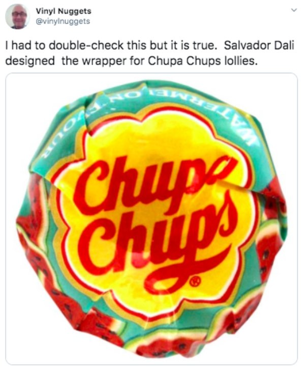 chupa chups - angla Vinyl Nuggets I had to doublecheck this but it is true. Salvador Dali designed the wrapper for Chupa Chups lollies. no Chupe Chups