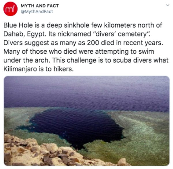 blue hole - Myth And Fact mi Blue Hole is a deep sinkhole few kilometers north of Dahab, Egypt. Its nicknamed "divers' cemetery". Divers suggest as many as 200 died in recent years. Many of those who died were attempting to swim under the arch. This chall