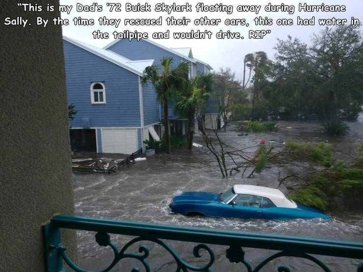 water - "This is my Dad's 72 Buick Skylark floating away during Hurricane Sally. By the time they rescued their other cars, this one had water in the tailpipe and wouldn't drive. Rip