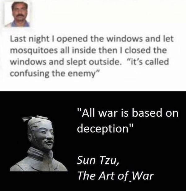 funny memes -last night I opened the windows and let mosquitos all inside then I close the windows and slept outside. It's called confusing the enemy. - all war is based on deception. sun tzu the art of war