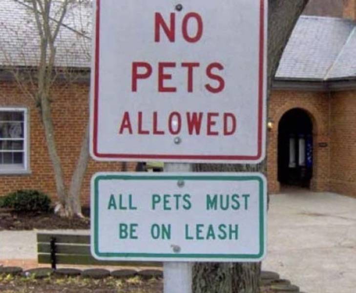 funny road signs - No Pets Allowed In All Pets Must Be On Leash