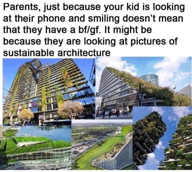 wholesome memes- funny memes - sustainable architecture memes - Parents, just because your kid is looking at their phone and smiling doesn't mean that they have a bfgf. It might be because they are looking at pictures of sustainable architecture
