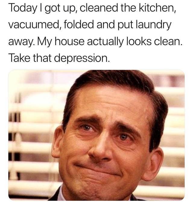 wholesome memes- funny memes - depression memes - Today I got up, cleaned the kitchen, vacuumed, folded and put laundry away. My house actually looks clean. Take that depression.