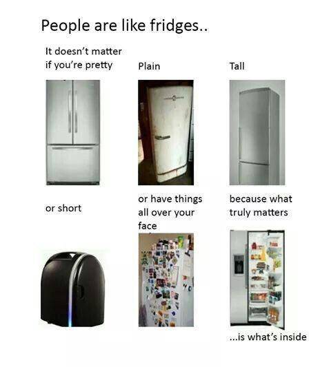 wholesome memes- funny memes - people are like fridges - People are fridges.. It doesn't matter if you're pretty Plain Tall or short or have things all over your face because what truly matters ...is what's inside