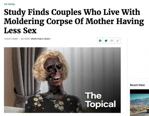 ohiohealth - The Topical Study Finds Couples Who Live With Moldering Corpse Of Mother Having Less Sex 724Am. See More Onion Public Radio Recent Video The Topical