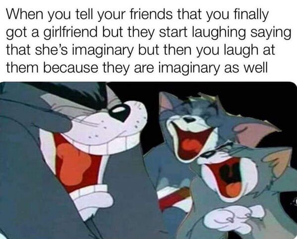 quarantine driving me crazy reddit - When you tell your friends that you finally got a girlfriend but they start laughing saying that she's imaginary but then you laugh at them because they are imaginary as well