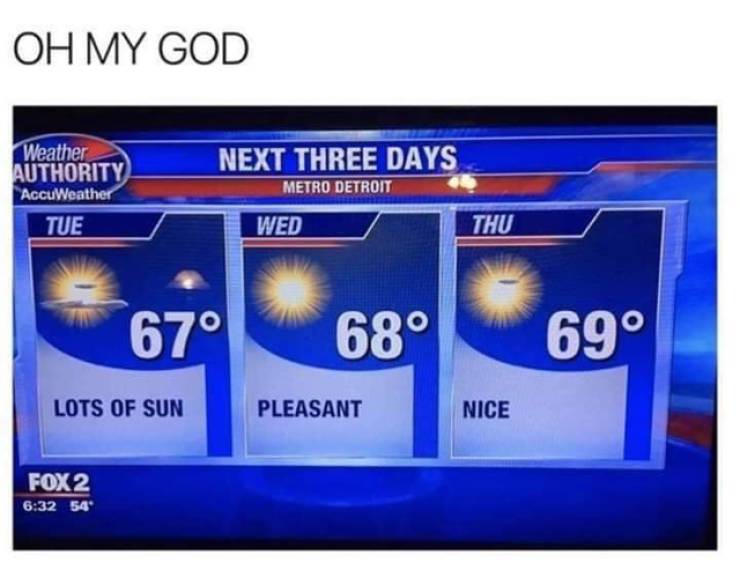 caught you meme - Oh My God Weather Authority AccuWeather Tue Next Three Days Metro Detroit Wed Thu 67 68 69 Lots Of Sun Pleasant Nice FOX2 54