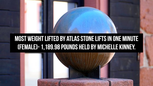 sphere - Most Weight Lifted By Atlas Stone Lifts In One Minute Female 1,189.98 Pounds Held By Michelle Kinney.
