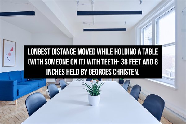 Longest Distance Moved While Holding A Table With Someone On It With Teeth38 Feet And 8 Inches Held By Georges Christen.