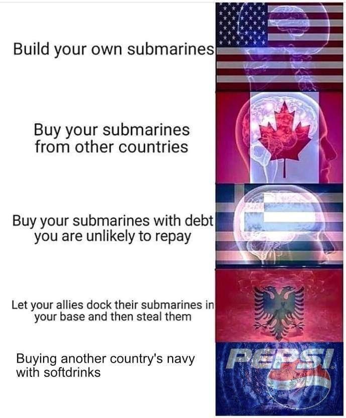 pepsi navy - Build your own submarines Buy your submarines from other countries Buy your submarines with debt you are unly to repay Let your allies dock their submarines in your base and then steal them Buying another country's navy with softdrinks