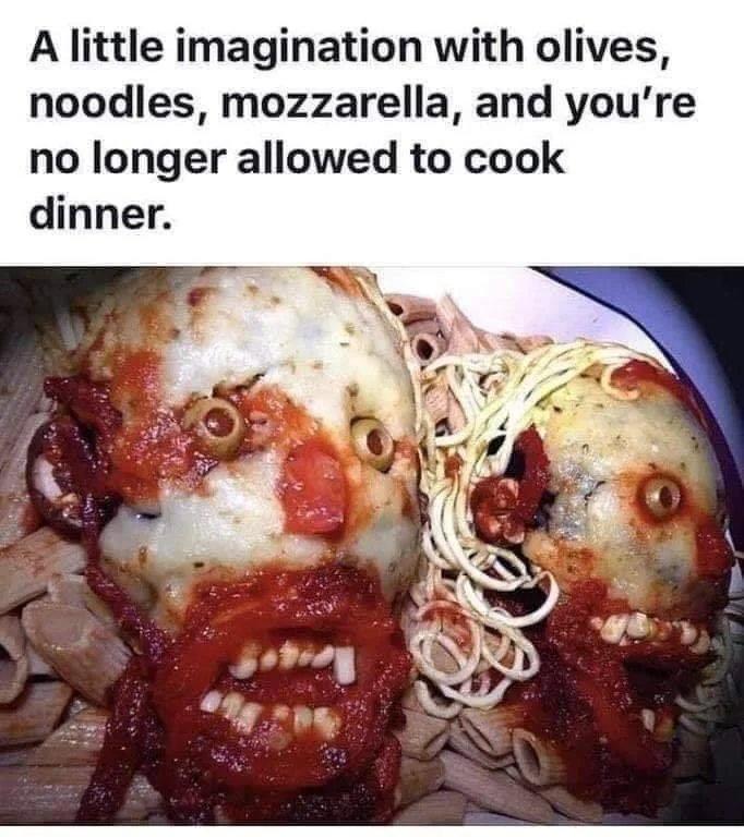creepy spaghetti - A little imagination with olives, noodles, mozzarella, and you're no longer allowed to cook dinner.