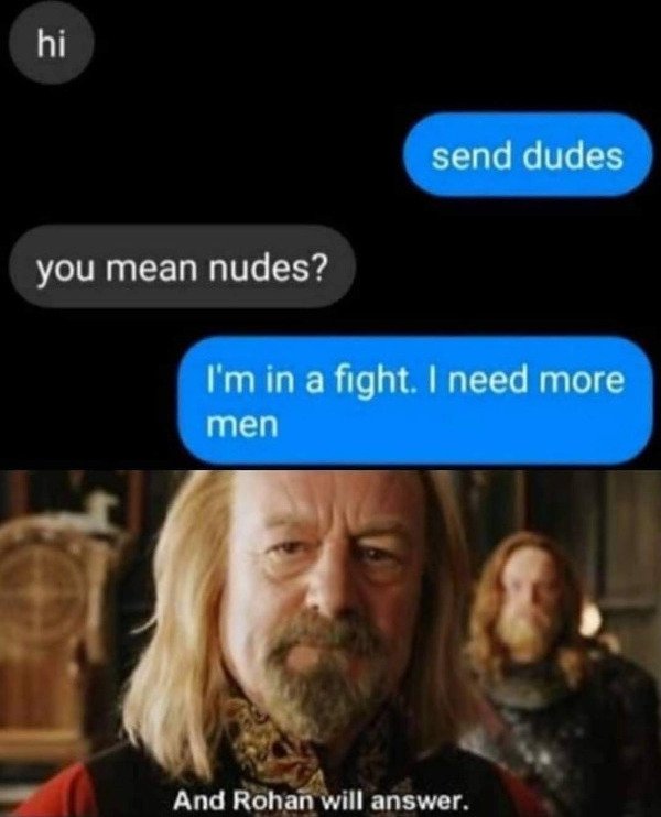 lotr memes - hi send dudes you mean nudes? I'm in a fight. I need more men And Rohan will answer.