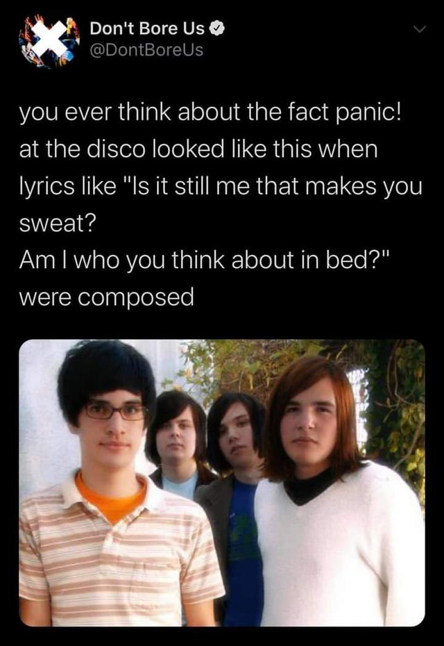 panic at the disco meme - Don't Bore Us you ever think about the fact panic! at the disco looked this when Tyrics "Is it still me that makes you sweat? Am I who you think about in bed?" were composed