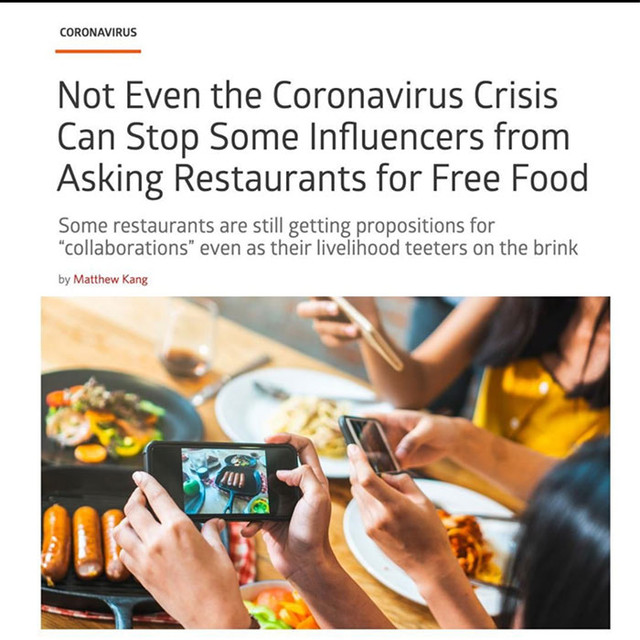 influencer in restaurants - Coronavirus Not Even the Coronavirus Crisis Can Stop Some Influencers from Asking Restaurants for Free Food Some restaurants are still getting propositions for