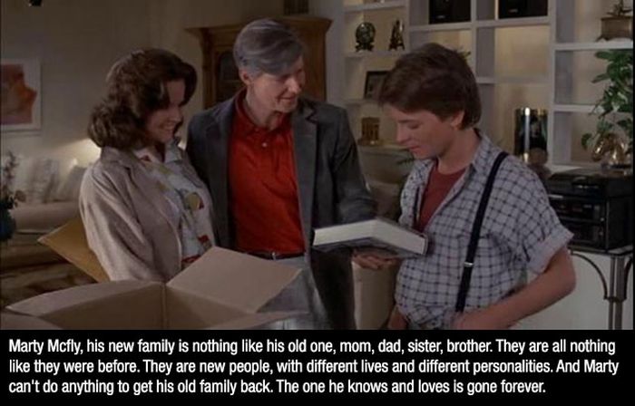 george mcfly - Marty Mcfly, his new family is nothing his old one, mom, dad, sister, brother. They are all nothing they were before. They are new people, with different lives and different personalities. And Marty can't do anything to get his old family b