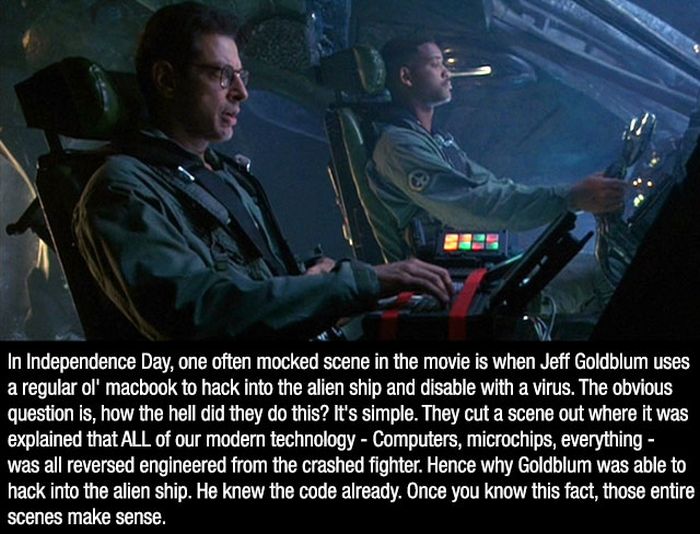independence day movie will smith jeff goldblum - In Independence Day, one often mocked scene in the movie is when Jeff Goldblum uses a regular ol' macbook to hack into the alien ship and disable with a virus. The obvious question is, how the hell did the