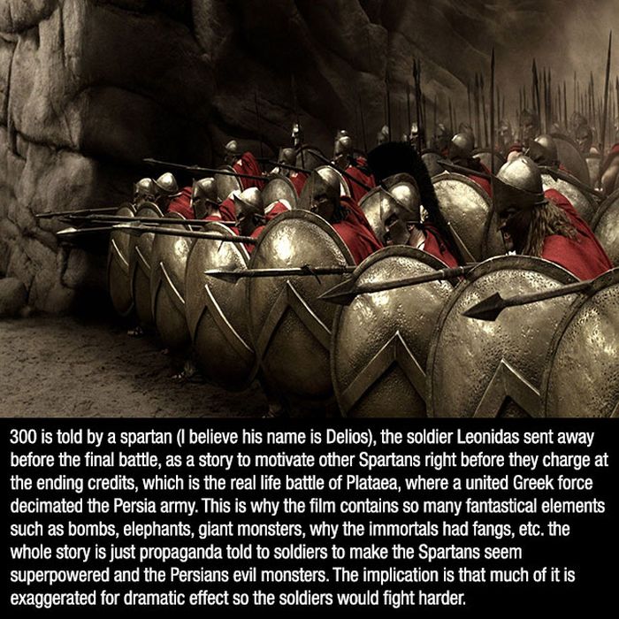 300 spartan wall - 300 is told by a spartan I believe his name is Delios, the soldier Leonidas sent away before the final battle, as a story to motivate other Spartans right before they charge at the ending credits, which is the real life battle of Platae