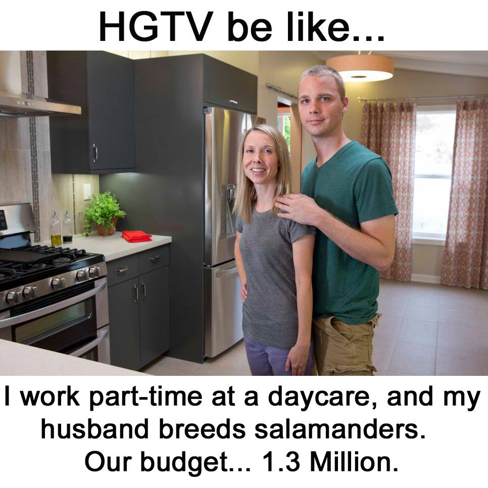 hgtv meme budget - Hgtv be ... I work parttime at a daycare, and my husband breeds salamanders. Our budget... 1.3 Million.