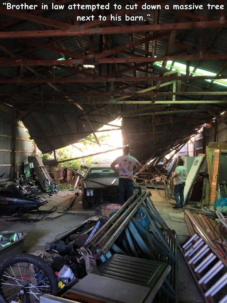 metal - "Brother in law attempted to cut down a massive tree next to his barn."