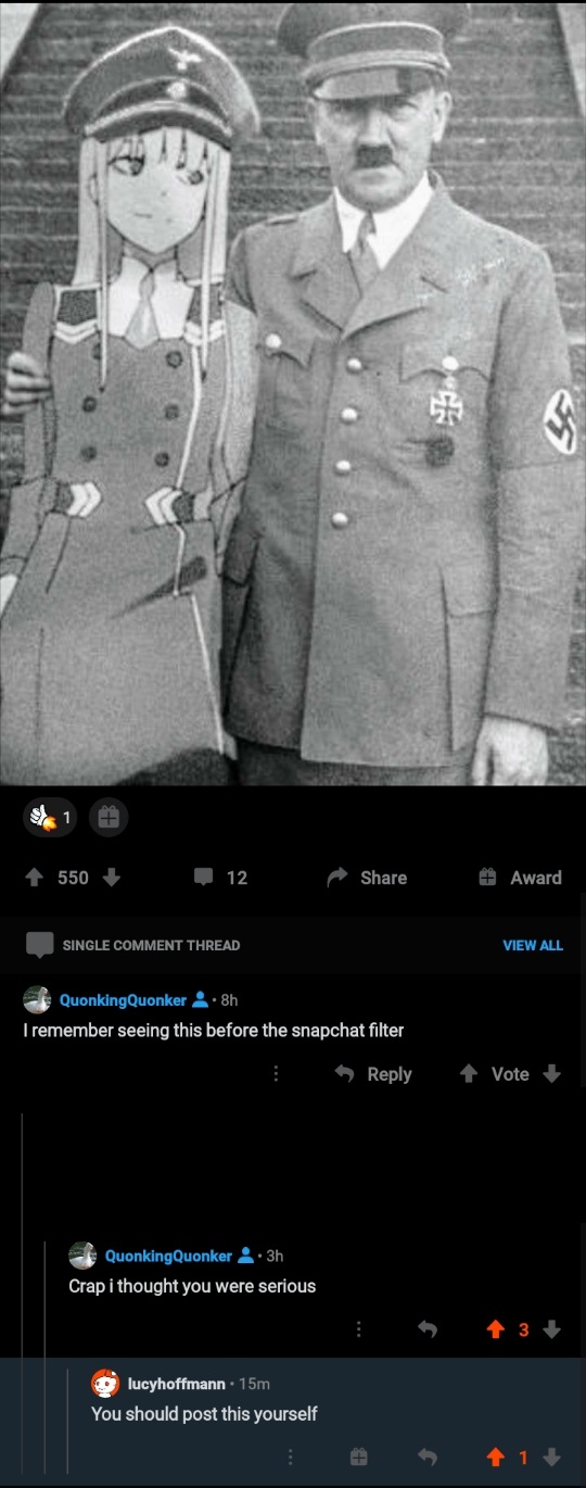 hitler waifu - 1 1550 12 Award Single Comment Thread View All Quonking Quonker 8h I remember seeing this before the snapchat filter Vote QuonkingQuonker3h Crap i thought you were serious 3 lucyhoffmann 15m You should post this yourself 11