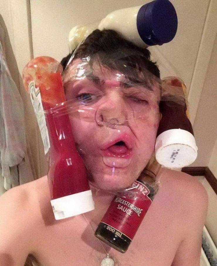 people with tape on their face - We Kam Anzl Srcestershire Sauce e 200 ml