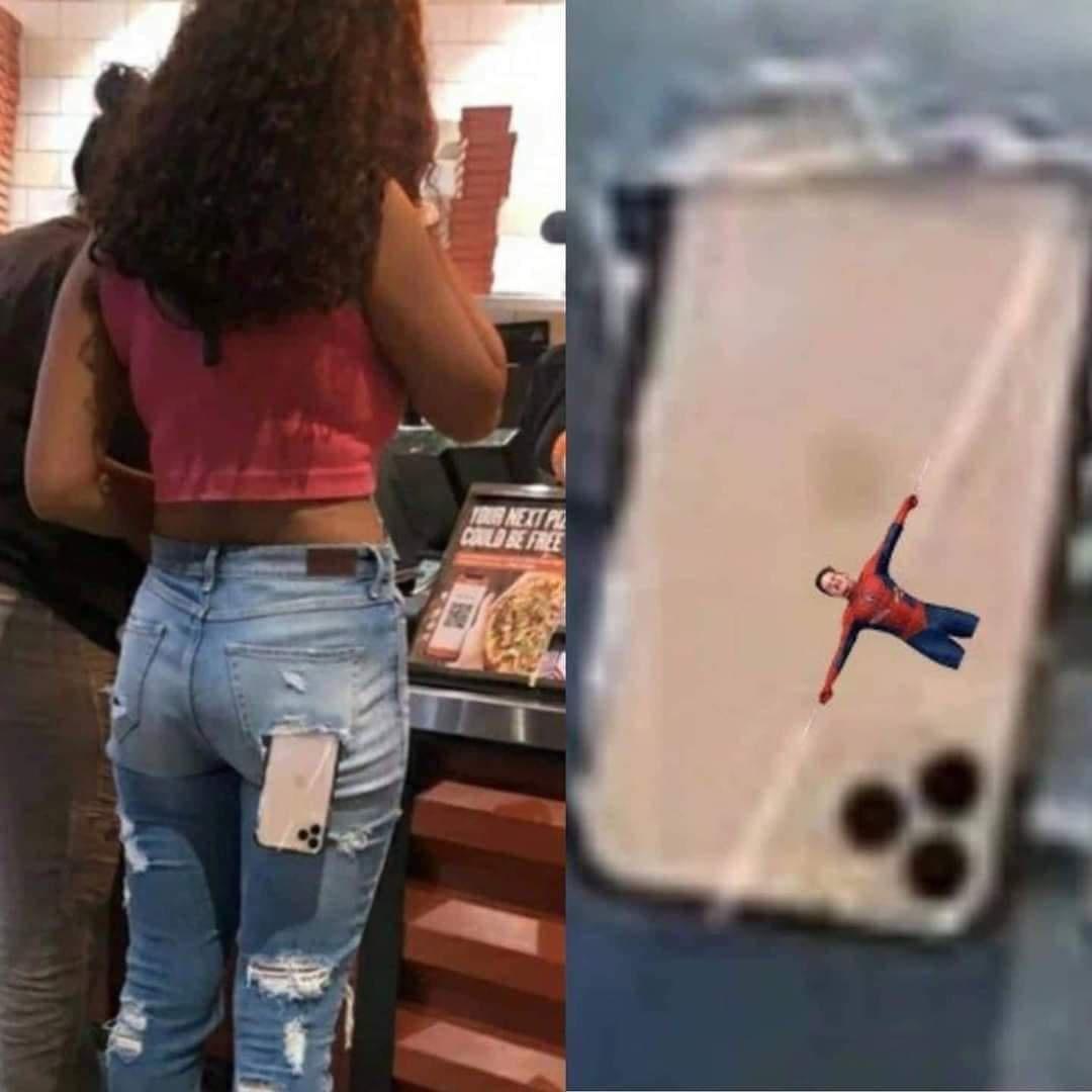 funny memes - spiderman holding phone inside girl's ripped jeans