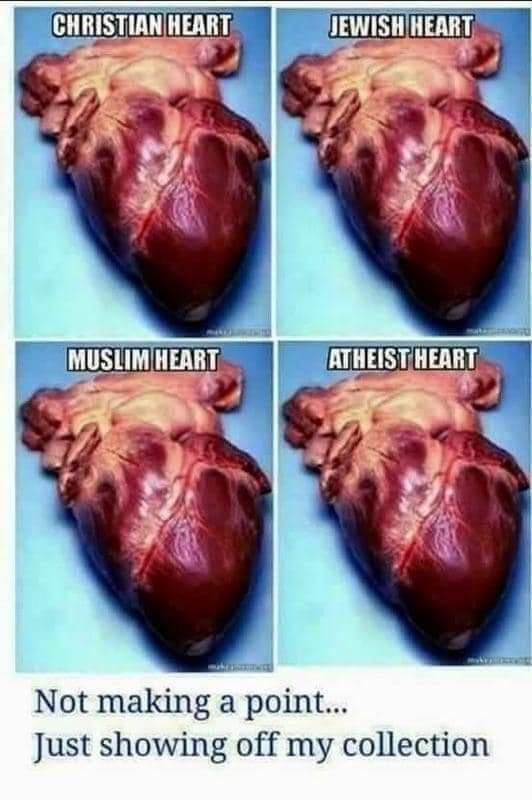 funny memes - Christian Heart Jewish Heart Muslim Heart Atheist Heart Not making a point... Just showing off my collection