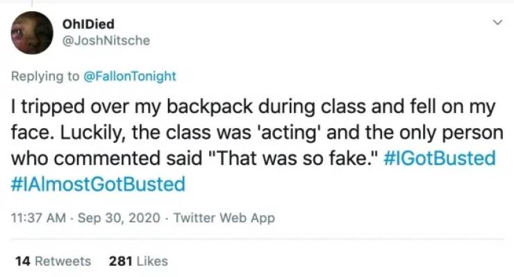 meme days without sex - OhiDied I tripped over my backpack during class and fell on my face. Luckily, the class was 'acting' and the only person who commented said "That was so fake." Twitter Web App 14 281